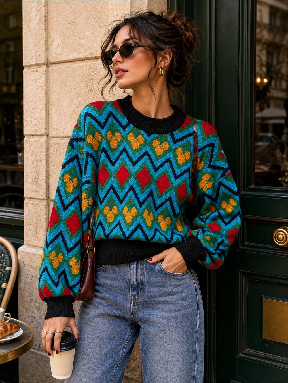 Zara Geometric Mickey Icon Knit‎ Sweater Medium Colorful Retro Chevron Pullover